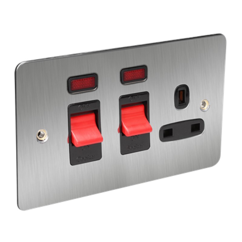 Flat Plate 45A Cooker Switch Plus Socket with Neon *Satin Chrome